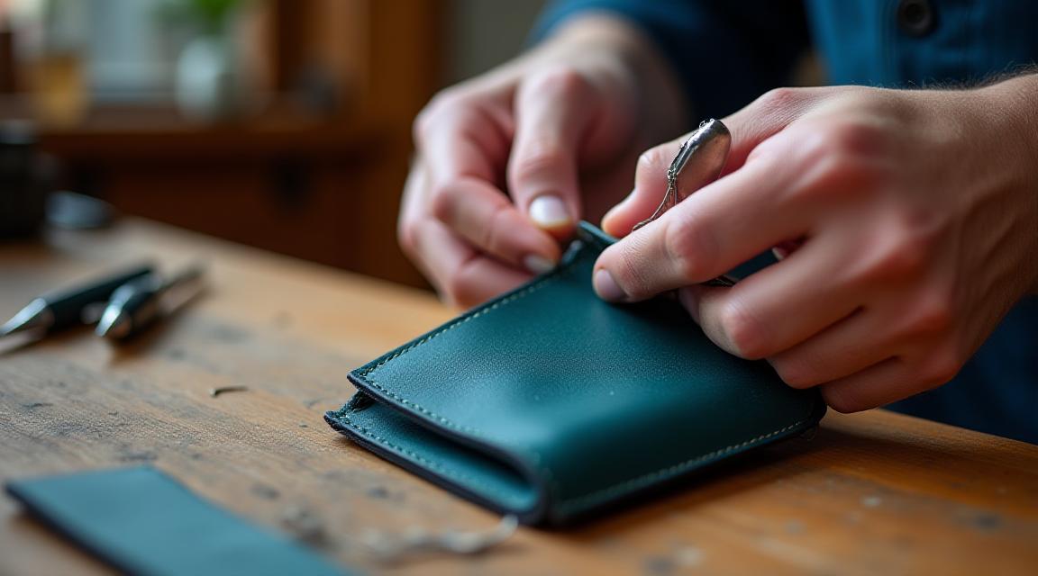 Artigiano al lavoro su un portafoglio personalizzato